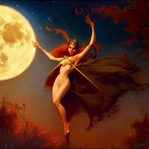 Image similar to attractive witch magically flying trough the night, fantasy, full moon in background. highly detailed painting by gaston bussiere, craig mullins, j. c. leyendecker 8 k