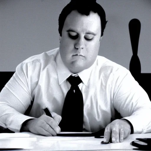 Image similar to clean - shaven chubby white wearing a shirt and necktie sitting at a desk, 1 9 8 9 movie still, cinematography, cinematic lighting