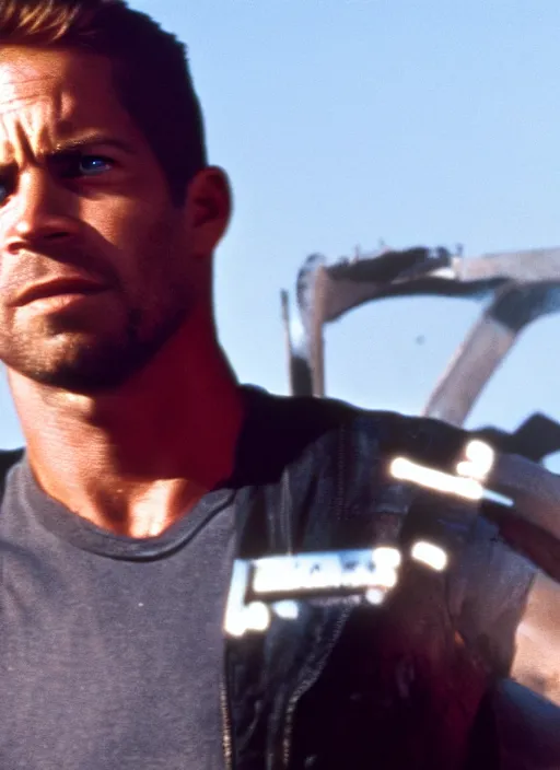 Image similar to film still of Paul Walker as The Terminator in The Terminator, 4k