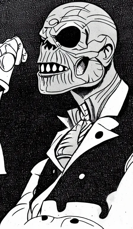 Image similar to Hanna Babera cartoon still of The Red Skull, close-up view