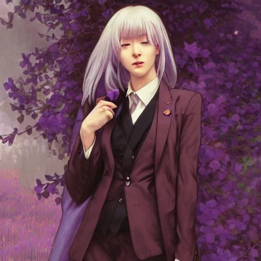 Prompt: kyoko kirigiri!!!!!!!, a japanese girl with pale!! lavender hair and a purple suit jacket, portrait by artgerm, greg rutkowski and alphonse mucha, absolutely gorgeous, detective