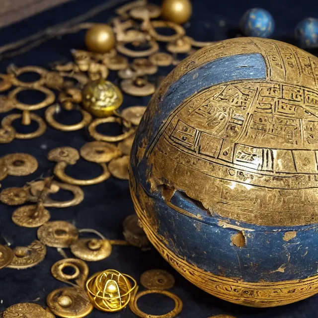 Prompt: a dramatically lit photo of an ancient, powerful brass and gold artifact round ball spherical artifact sitting on a table. the ball is covered in dials and ancient egyptian markings, with two arrows, glowing from within, filled with gears glimpsed inside, with a dark blue star - chart