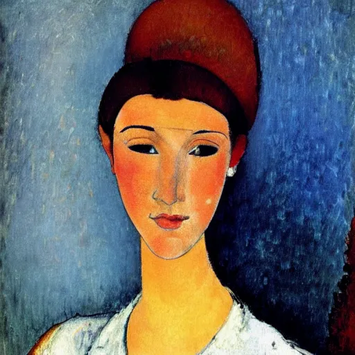 Prompt: representation of a young woman with a happy face in the year 1917 by Amedeo Clemente Modigliani, Italian painter and sculptor