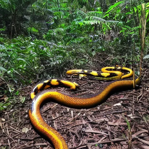 Prompt: thick jungle with brightly colored snakes everywhere. very dark