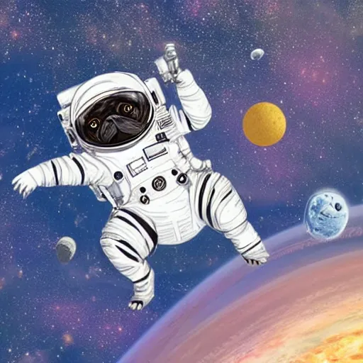 Image similar to hyper realistic, highly detailed, astronaut pug in space.