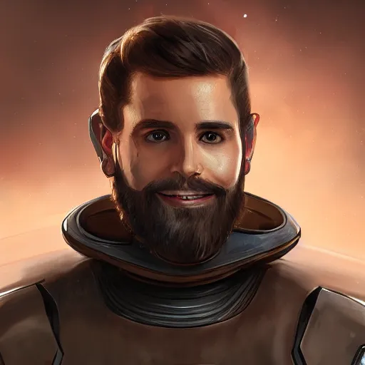 Prompt: Portrait of a man with brown hair and beard smiling in futuristic Star Wars imperial armor, digital art, realistic, artstation, detailed