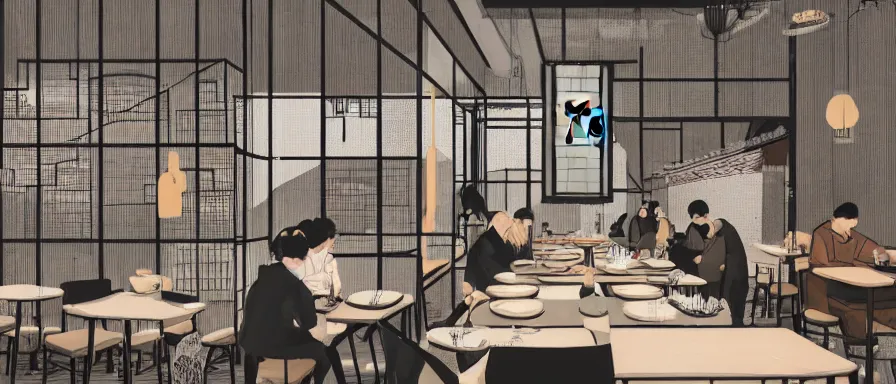 Image similar to a beautiful interior view illustration of a small roasted string hotpot restaurant in yan'an city, restaurant wall paper is a tower on a mountain, rectangle white porcelain table, people are eating, black chair, animation illustrative style, from china, simple style structure decoration design, victo ngai, james jean, 4 k hd