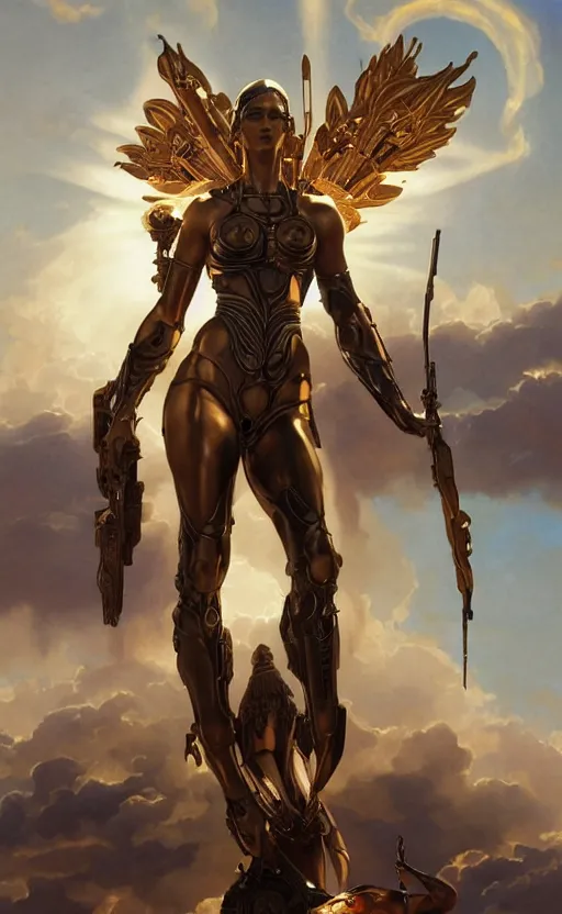 Image similar to cyberpunk four armed statue of the goddess of the sun helios descending from olympus, artstation, concept art, smooth, sharp focus, illustration, art by artgerm and greg rutkowski and alphonse mucha and william adolphe bouguereau and john william waterhouse and gianlorenzo bernini