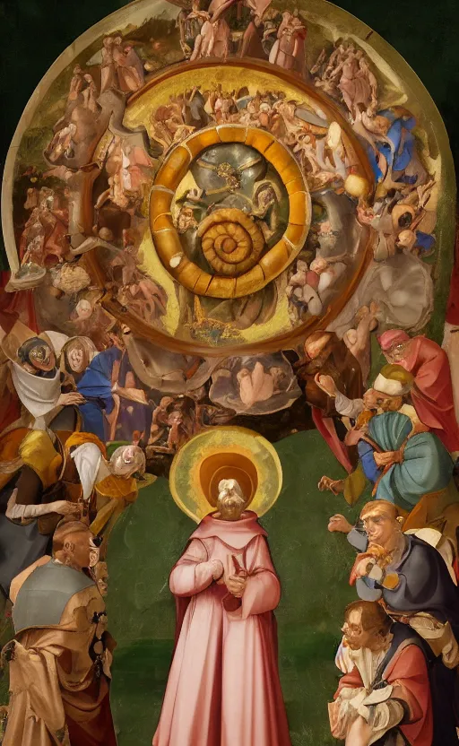 Prompt: a renaissance fresco of the pokemon ammonite wearing the clothes of a bishop and holding a scepter, giving a sermon, mood lighting, stunning art, religious awe, high resolution, sharp - focus