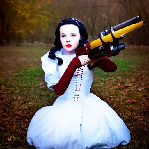 Prompt: snow - white holding a rocket launcher. portrait photography.