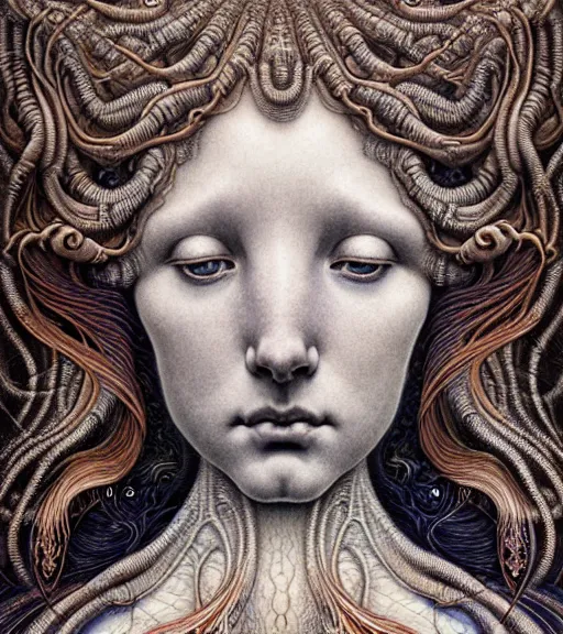 Image similar to detailed realistic beautiful tidepool goddess face portrait by jean delville, gustave dore, iris van herpen and marco mazzoni, art forms of nature by ernst haeckel, art nouveau, symbolist, visionary, gothic, neo - gothic, pre - raphaelite, fractal lace, intricate alien botanicals, ai biodiversity, surreality, hyperdetailed ultrasharp octane render