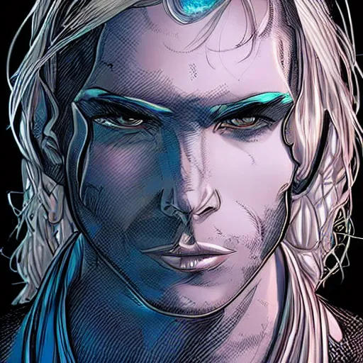 Image similar to man portrait made out of ice, beautiful, cyborg, comic book art, blond hair, neon, highly detailed