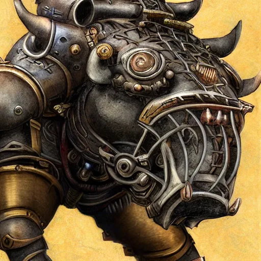 Image similar to portrait of a rampaging ashigaru mecha boar, fantasy painting, dungeons and dragons, magic the gathering art, of bamboo, laquer and steel, steampunk - inspired by brian froud and greg rutkowski