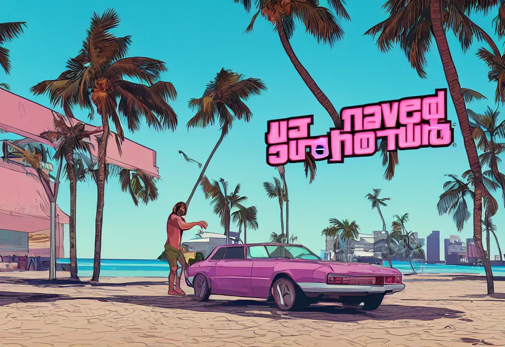 Prompt: jesus in grand theft auto loading screen, gta art style, illustration, beach, miami, vice city