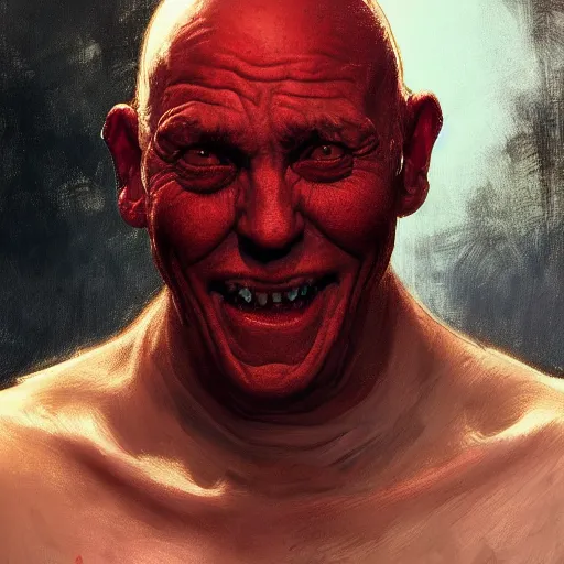 Image similar to portrait of a red bald man with black eyes and a black teeth, horror, glowing eyes, by Stanley Artgerm Lau , greg rutkowski, thomas kindkade, alphonse mucha, loish, norman rockwell. Trending on artstation detailed illustration hd 4k