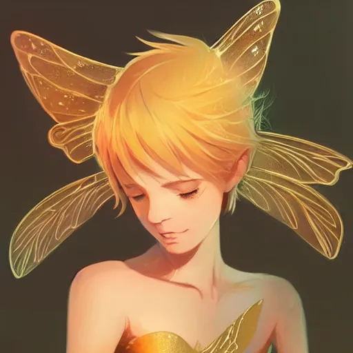 Prompt: pixie fairy character with golden glowing wings, elegant, highly detailed, digital painting, artstation, concept art, sharp focus, illustration, strong brush stroke, anime, sharp focus, ghibli studio, art by ilya kuvshinov, rossdraws