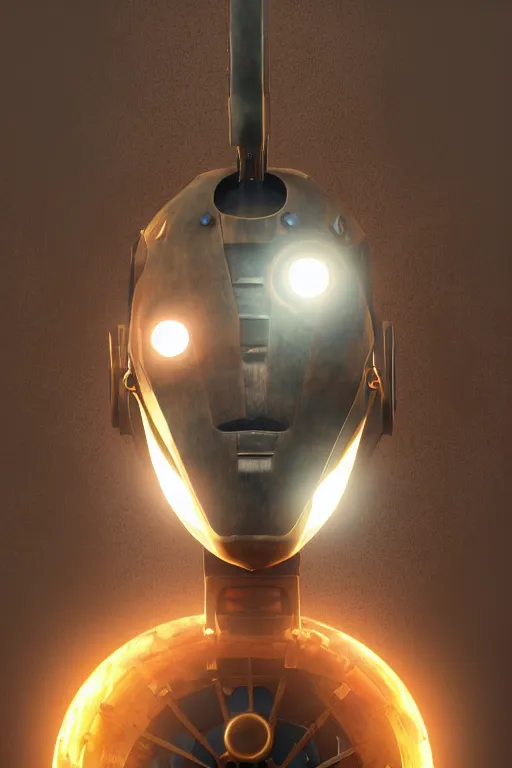 Image similar to steampunk mask minimalist fantasy art robot ninja helmet, global illumination ray tracing hdr fanart arstation by sung choi and eric pfeiffer and gabriel garza and casper konefal radiating a glowing aura