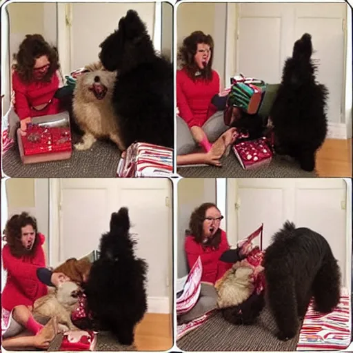Prompt: A surprised dog getting caught opening Christmas presents