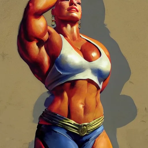Prompt: greg manchess portrait of margot robbie as thick female bodybuilder zarya from overwatch in disco elysium, 6 7 4, epic grimdark, fantasy, medium shot, asymmetrical, profile picture, organic painting, sunny day, matte painting, bold shapes, hard edges, street art, trending on artstation, by huang guangjian and gil elvgren and sachin teng