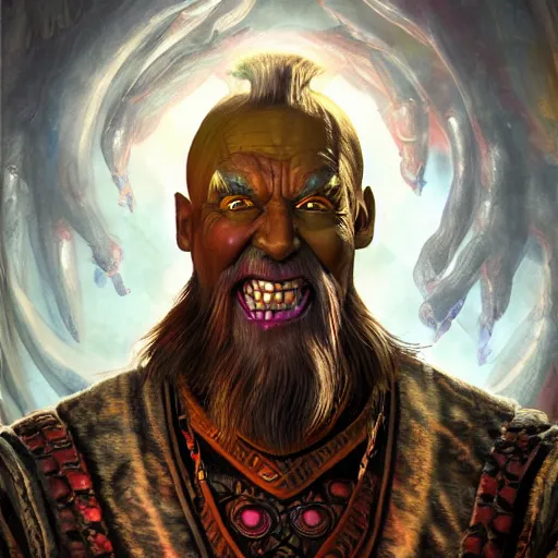 Image similar to bright, colorful, realistic, detailed from Elder Scrolls: Shivering isles concept art of The Mad God Sheogorath with a madsmile backlighting, kodachrome, high contrast, highly detailed, sharp focus, digital painting, concept art, illustration, trending on artstation, comic book by Alex Ross and Adam Adamowicz cover art