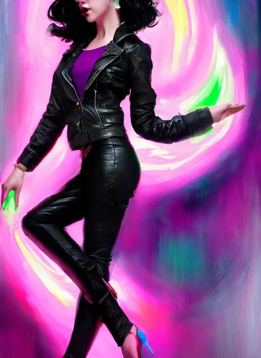 Image similar to a photo of 8 k ultra realistic a black haired female in high heels and a black leather jacket, pink, purple, green, yelow, red, blue, white neon, art by lise deharme