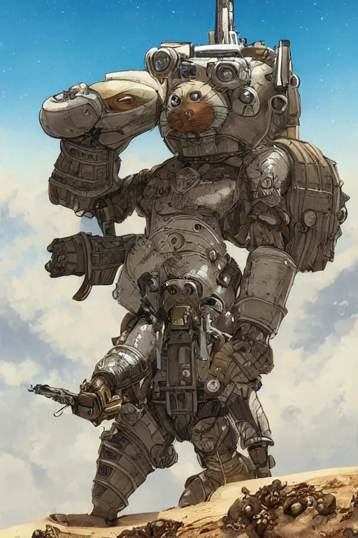 Image similar to anthropomorphic rodent with white and black ancestral ornate japanese tactical gear on an abandonment desert planet, high intricate details, long shot, rule of thirds, golden ratio, graphic novel by fiona staples and dustin nguyen, by beaststars and orange, peter elson, alan bean, studio ghibli, makoto shinkai