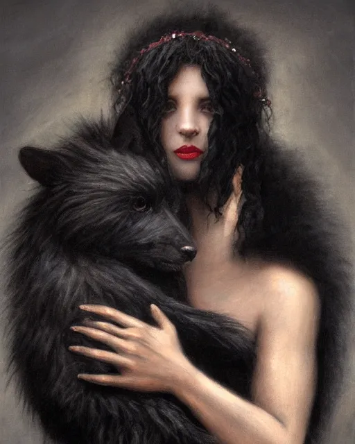 Prompt: a portrait of black furry shadow monster who is carrying a beautiful girl in his arms, background of deep shadows, illustration, dramatic lighting, soft details, painting oil on canvas, art nouveau, octane render, HDR, 4k, 8k, HD, by Edmund Blair Leighton, Brom, Charlie Bowater, trending on artstation, Tom Bagshaw, faces by otto Schmidt