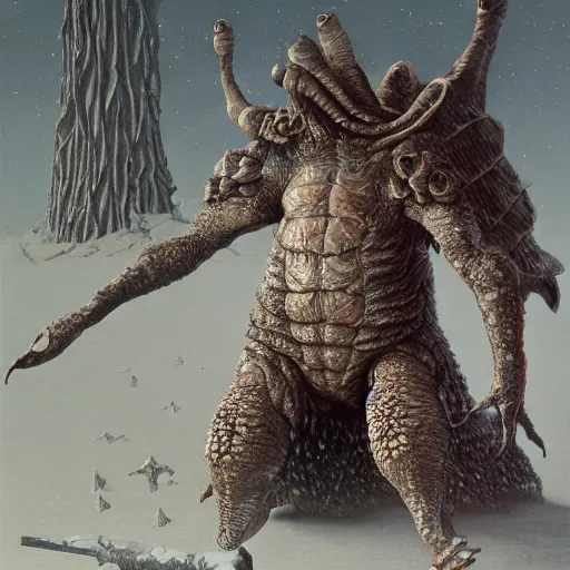 Image similar to anthropomorphic turtle humanoid, carapace, wayne barlowe, blizzard, winter, night, furs, fantasy