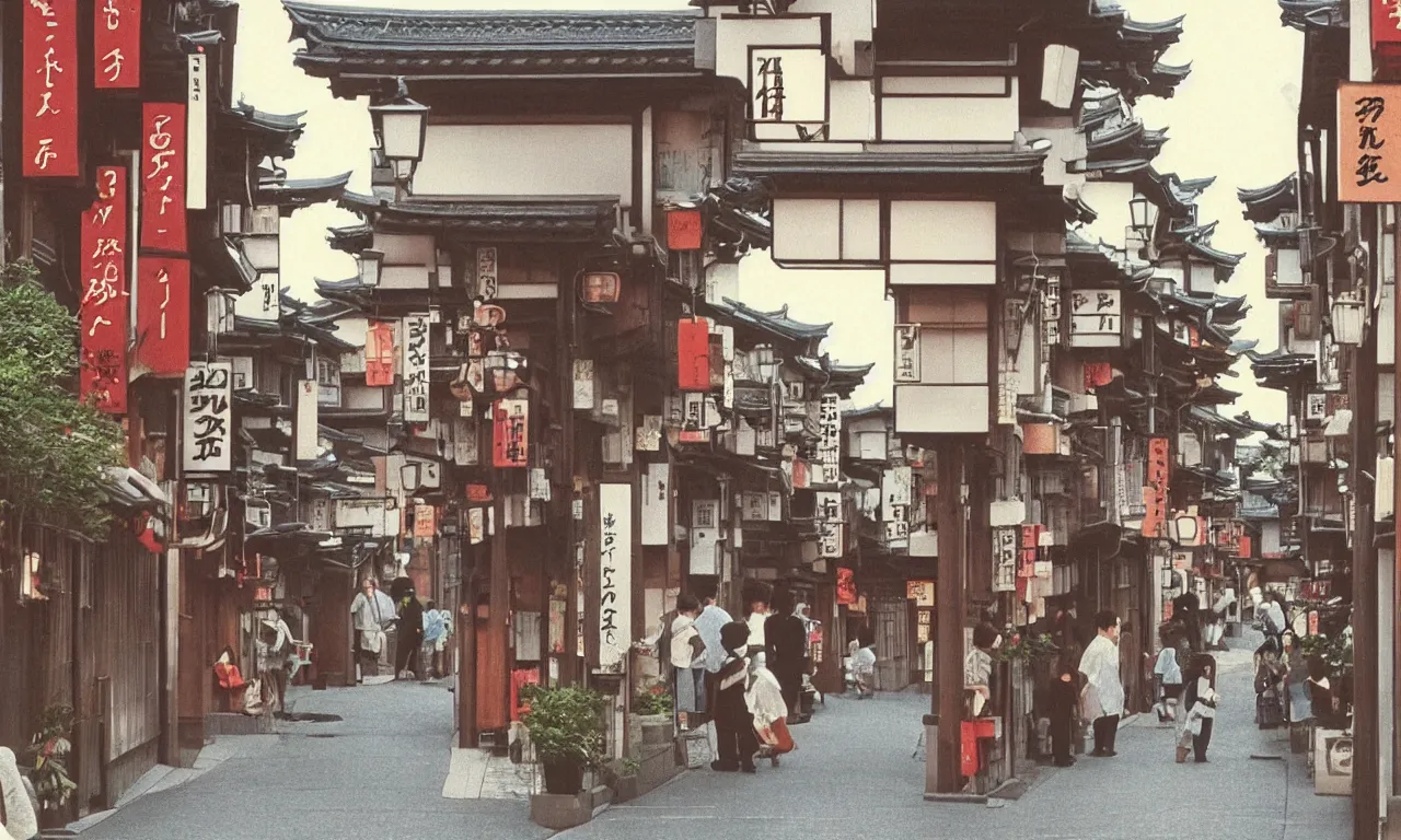 Prompt: A film still from a 1990s Ghibili movie of a dreamy cute street in Kyoto Japan, by Studio Ghibili