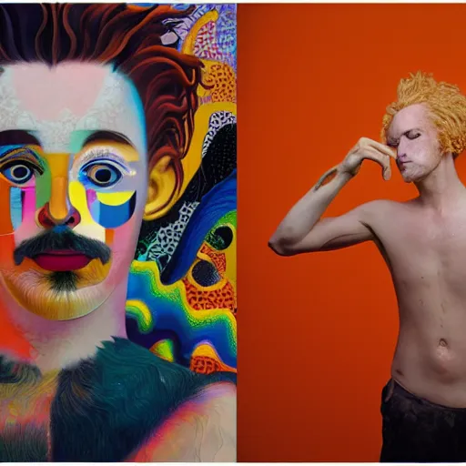 Image similar to a beautiful collage of a self - portrait of the artist. he is shown with his head turned to the left, looking at the viewer. his hair is wild and his eyes are wide open. his right hand is raised, as if he is pointing at something. steelpunk, pale orange by bo bartlett, by takashi murakami lush, swirling