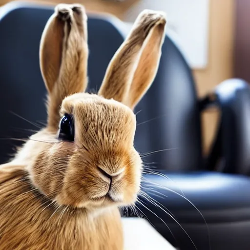 Prompt: sad rabbit sitting in a barbers chair