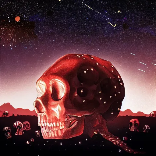 Image similar to meteor shower with hundreds cherries and skulls, night sky, 3D, futuristic, hyperrealism, cinematic shot, beksinsky trending on artstation