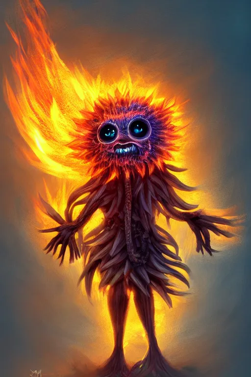 Image similar to a glowing humanoid figure dandelion monster with large glowing eyes, surrounded by fire, highly detailed, digital art, sharp focus, trending on art station, artichoke, anime art style