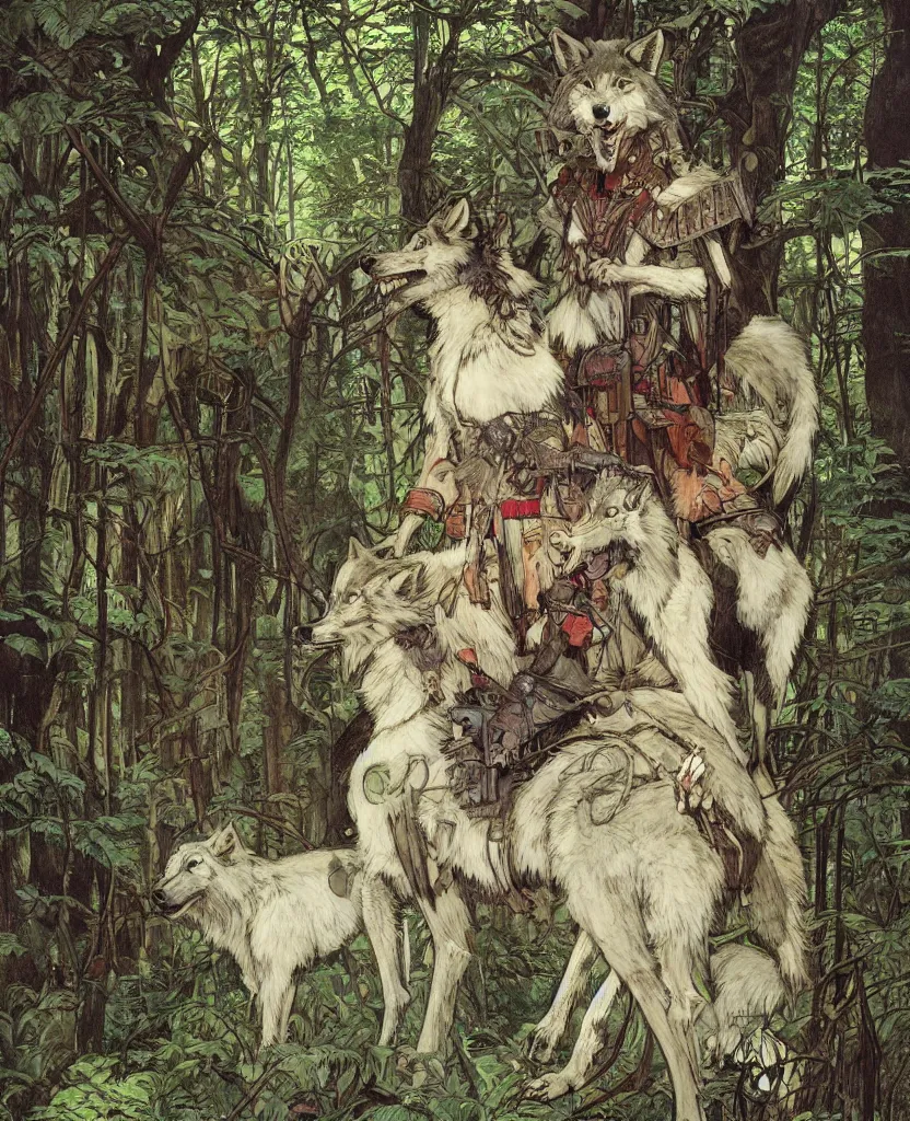 Image similar to portrait of Princess Mononoke, wolves, fully clothed in armor, lush forest, neon, concept art, schematics, painted by norman rockwell, mucha, james gurney, high detail, denoised, sharp, architectural