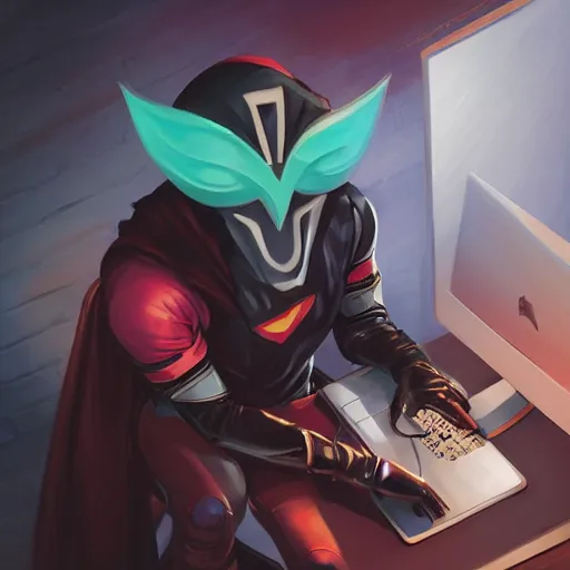 Image similar to a masked superhero wearing a costume sitting at the computer nervously clicking on the mouse in the style of peter mohrbacher