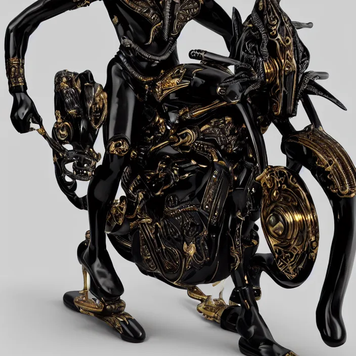 Image similar to fine art statue of masculine black egyptian god on a surrealist motorcycle, ebony art deco, carved black marble, inlaid with ebony and gold accents, ebony rococo, wings black lace wear, by spider zero, zaha hadid, beautifully lit, hyper detailed, intricate, elite, ornate, photorealistic, micro details, ray trace