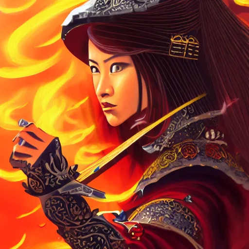 Image similar to a tarot card of a female samurai, flaming katana, ominous nighttime storm, fantasy, d & d, intricate, elegant, highly detailed, digital painting, artstation, concept art, matte, sharp focus, illustration