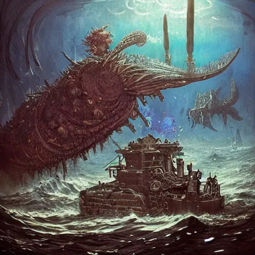 Prompt: a beautiful murmaid looking at a steampunk submarine above a slumbering kraken in its corpse filled lair under water, Greg Rutkowski, Moebius, Mohrbacher