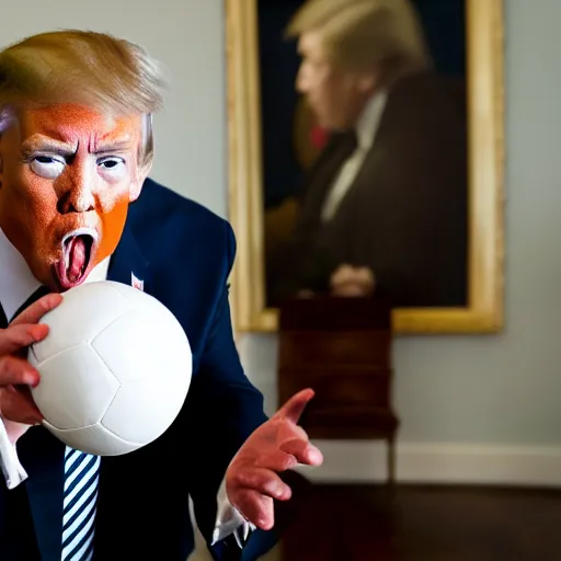 Image similar to candid portrait photo of president trump shoving a ball of paper into his mouth, eating a wad of paper, detailed portrait, 4 k, megapixel, sony a 7 s, f / 8, 2 4 mm lens