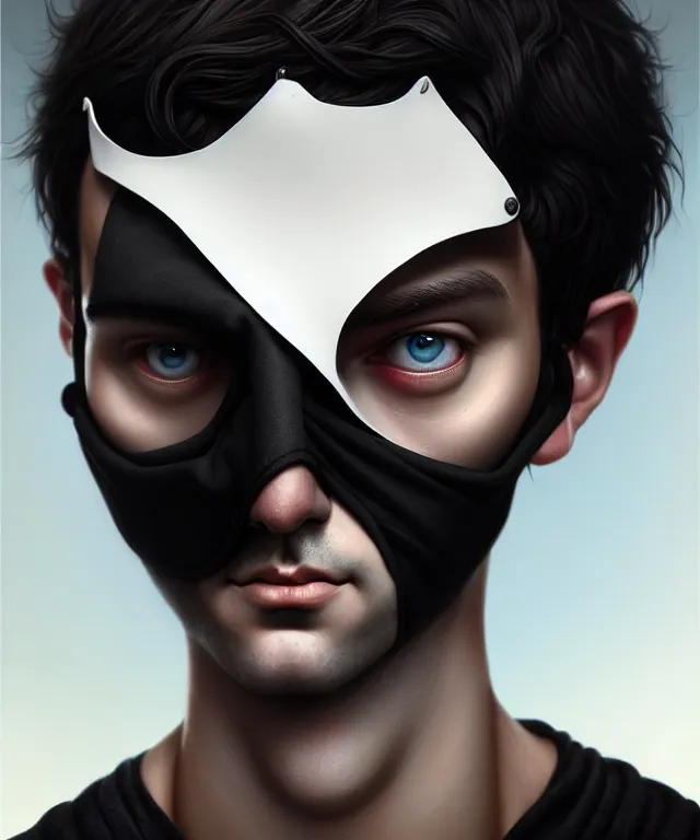 Image similar to white man with black fabric mask, short dark hair, highly detailed face!!!, true anatomy!, extremely detailed!, digital painting, unreal engine 5, art by tom bagshaw