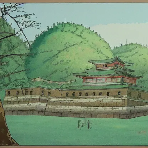 Image similar to japanese fortress in a city inside the forest by studio ghibli painting