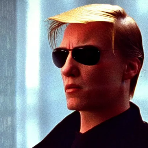 Prompt: donald trump in the matrix ( 1 9 9 9 ), film still from the matrix ( 1 9 9 9 ), 2 6 mm