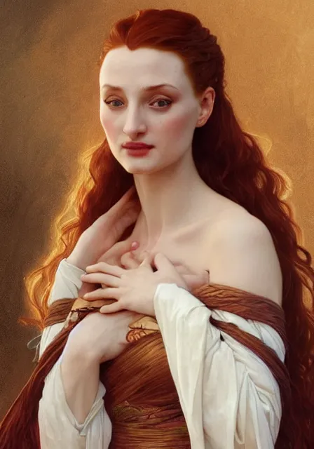 Prompt: sansa angeline jolie gessica chastain in beautiful dress, intricate, elegant, highly detailed, digital painting, artstation, concept art, smooth, sharp focus, illustration, art by artgerm and greg rutkowski and alphonse mucha and william - adolphe bouguereau