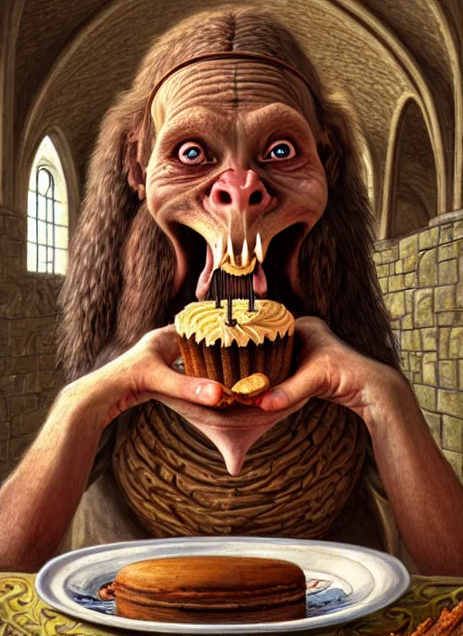 Image similar to portrait of a medieval goblin eating cakes in the cloisters, beautiful face, hyper realistic, highly detailed digital painting by earl norem, artstation illustration co