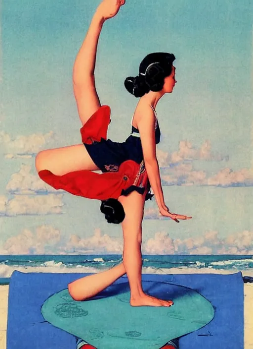 Prompt: a pin up girl doing yoga with a futuristic kimono in middle of the beach by norman rockwell and jack vettriano art nouveau aesthetic