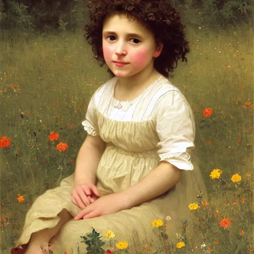 Prompt: a little girl with curly brown hair sitting in a field of wildflowers. beautiful painting by bouguereau.