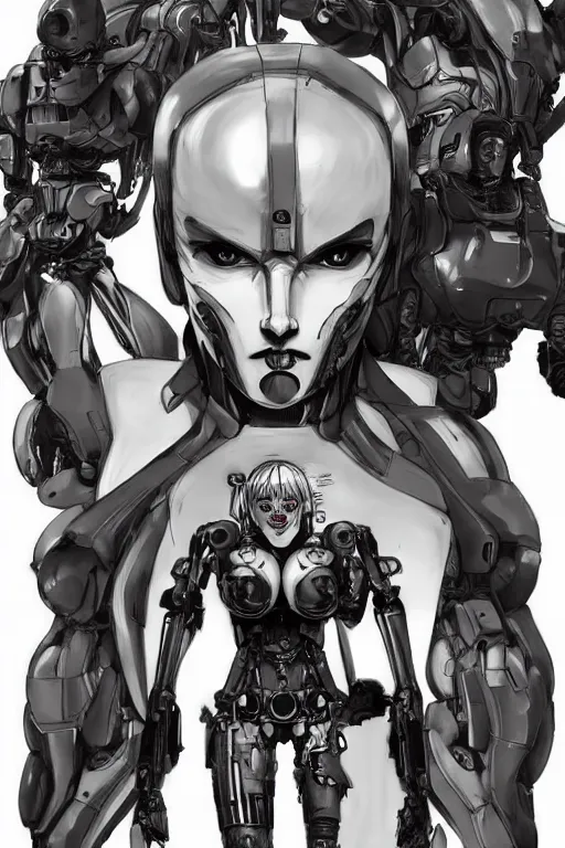 Image similar to full body illustration!! a female cyborg with hollow skull eyes, very symmetrical face!! highly detailed, by yoji shinkawa, by kenny carmody, by ryouta otsuka, by hideyuki ashizawa, by marc nagel, by arknect metal gear solid, transformers cinematic universe, deviantart, artstation, pinterest, unreal engine