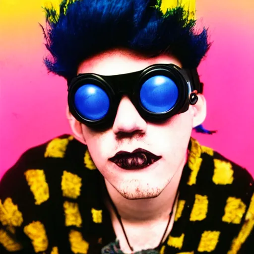 Image similar to kodak ektar 1 0 0 photograph of a nerdy goth guy with lip piercings wearing goggles and eclectic jewelry, moody lighting, telephoto, 9 0 s vibe, rave background, vaporwave colors, faded!,