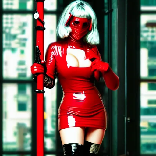 Image similar to CYBERPUNK big bust beautiful Claud Monet proportions girl in red latex dress and red latex gloves holding wonderful sword saber