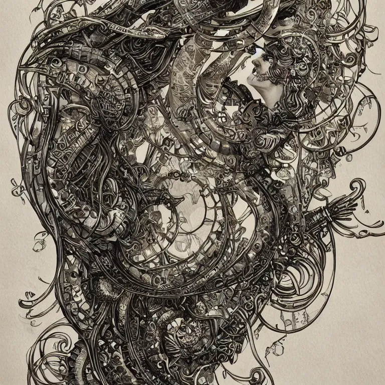 Image similar to ultra realistic illustration of a mermaid cyborg steampunk art nouveau filgree scrollwork, masterpiece, intricate, highly detailed, sharp